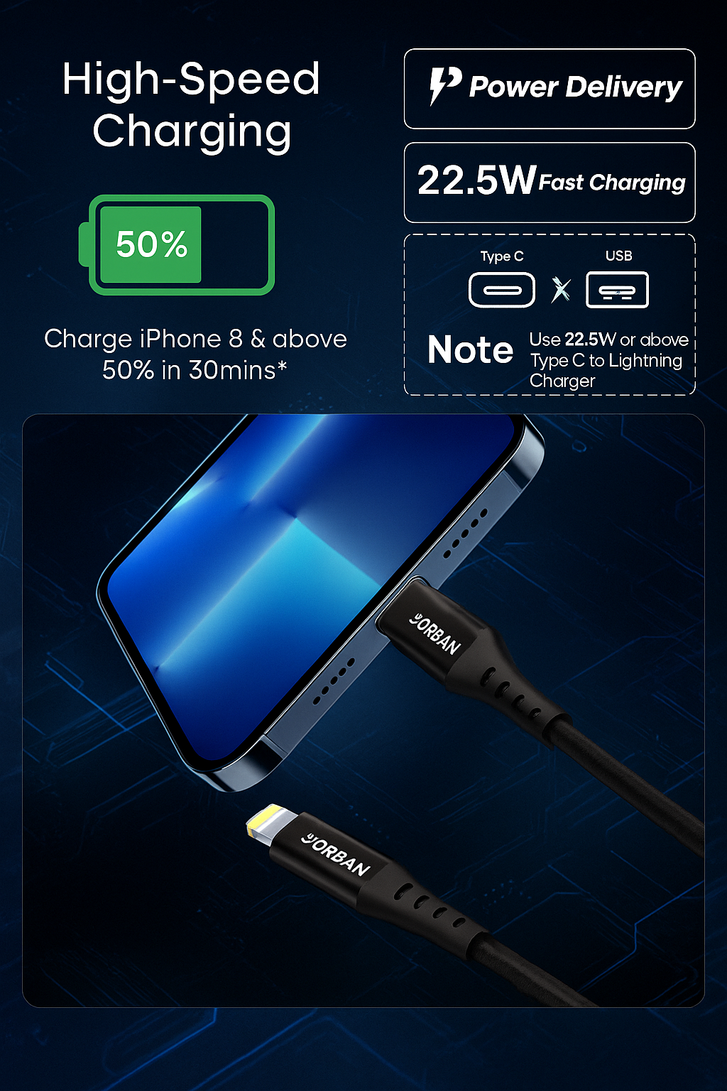 ORBAN 25W Nylon Braided Type-C to Lightning Cable